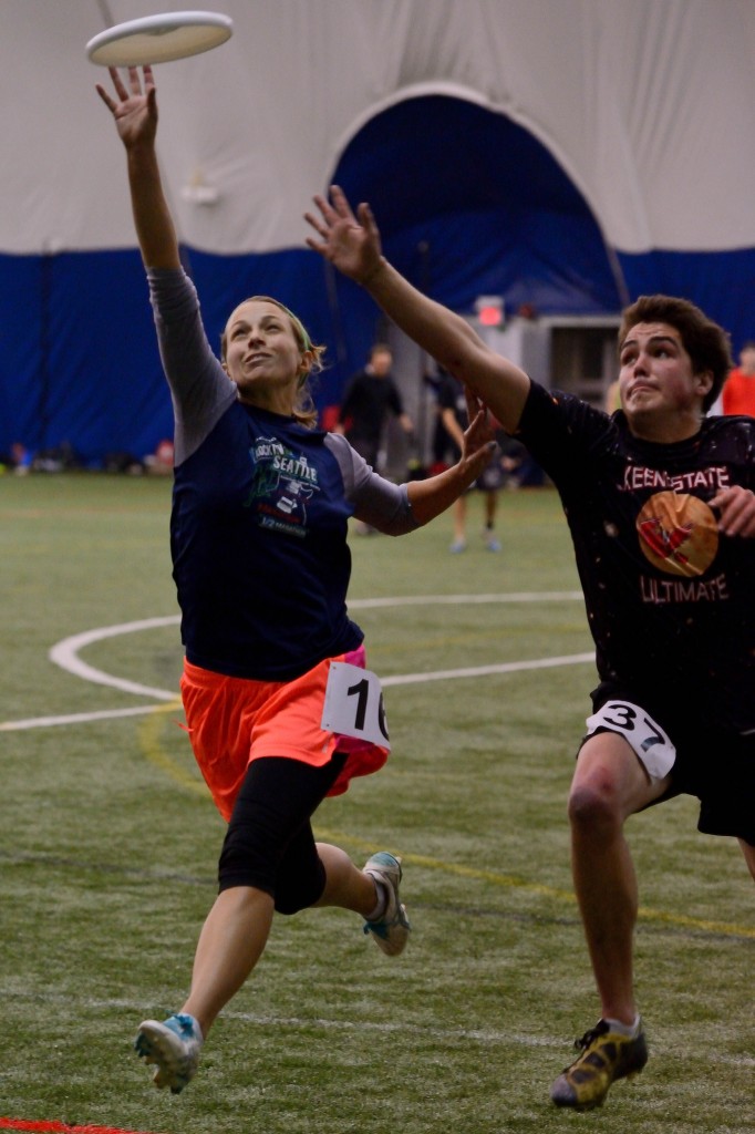 Emily Baecher reaches for a disc at the Boston Whitecaps combine. Emily Baecher reaches for a disc at the Boston Whitecaps combine.